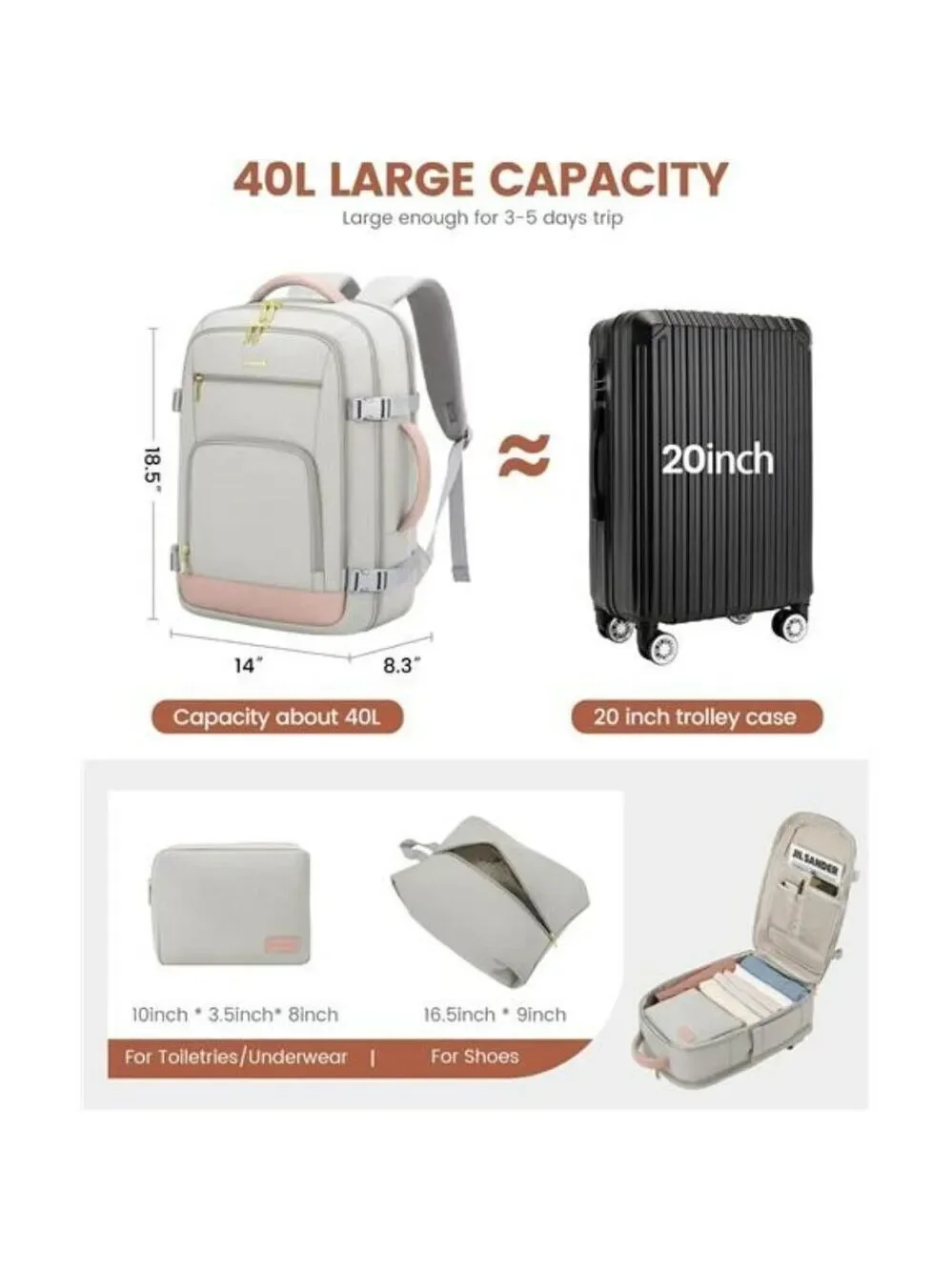 LOVEVOOK Travel Backpack Women 40L Carry On Laptop Bag TSA Approved Waterproof